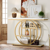 Tribesigns 41.3" Console Table, Industrial 4-Tier Sofa Entryway Table with Circle Base, Narrow Wood Accent Tables with Storage Shelves for Living Room, Hallway, Foyer, White Gold Tribesigns