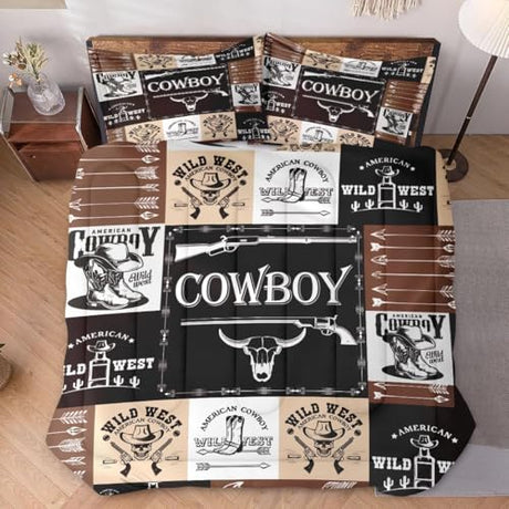 WeCozy Full Size Comforter Set with 2 Pillowcases, Country Retro Animal Soft 3 Pcs Bedding for Kids and Adults, Vintage Cowboy Western Comforter Set for Bedroom Bed Decor WeCozy