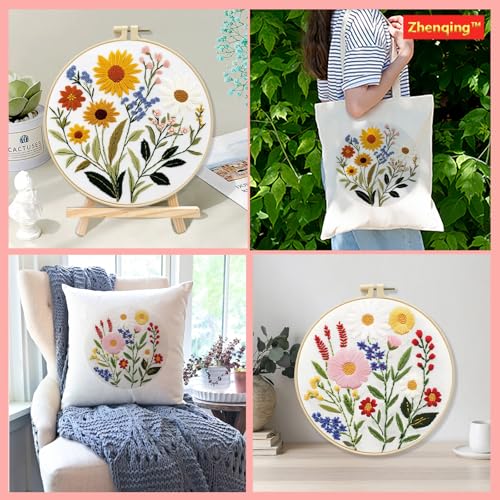 Zhenqing Sunflower and Daisy Embroidery Kit for Beginners, Rustic Floral Craft Set with 20cm Hoop, Printed Pattern on 29x29cm Cotton Fabric, DIY Garden Wall Art (C0127)