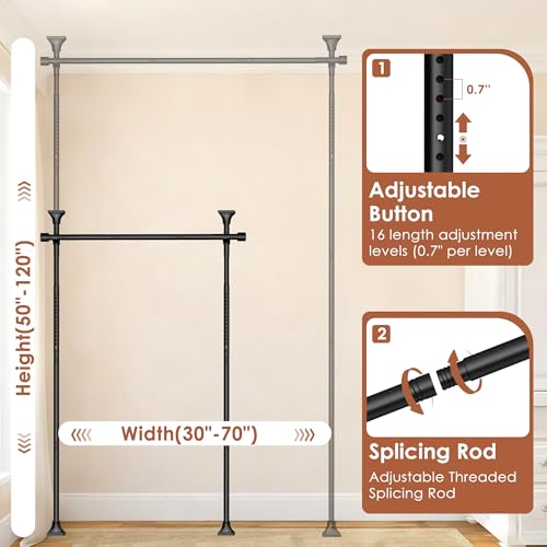 Room Divider Curtain Rod, No Drilling Partition Room Dividers Wall Separator Adjustable 30-70"(W) 50-120" (H) Heavy Duty 1 inches Tension Rod, Black PadPure