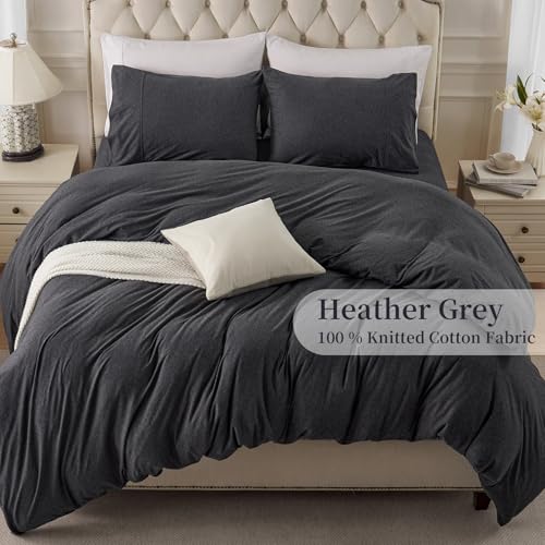 PURE ERA Jersey Knit Duvet Cover Set 100% T-Shirt Cotton Super Soft Comfy 3pc Bedding Set with Zipper Closure (Heather Charcoal Grey, Queen) PURE ERA