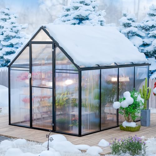 Polycarbonate Greenhouse, 8.2x6.2 FT Easy Assembly Aluminum Heavy Duty Greenhouses for Outdoors w/ Window, Swing Door, Walk-in Green House for Sunroom,Outside, Backyard, Garden, Black CDCASA