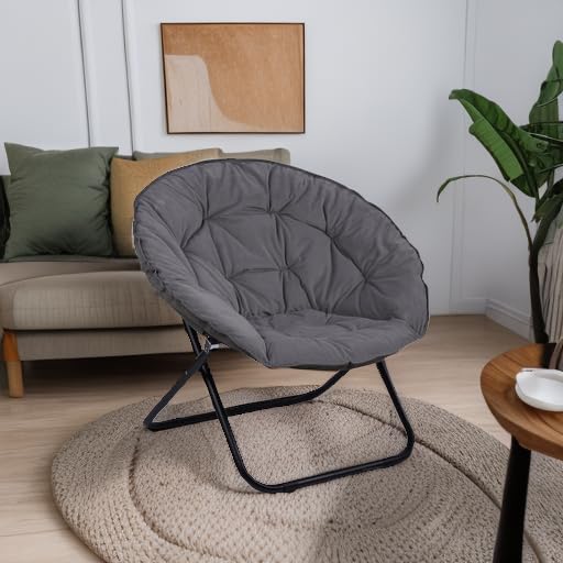 Folding Saucer Chair, Lazy Moon Chair with Metal Frame, Comfy Bedroom Chairs for Bedroom, Living Room, Study Grey JC Grezone