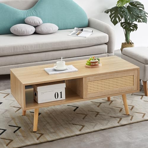 Brafab Rattan Coffee Storage Rectangle Accent Center Sofa Table with Sliding Door Panel Solid Wood Legsfor Living Room, 41.34" L x 21.65" W x 16.34" H, Natural