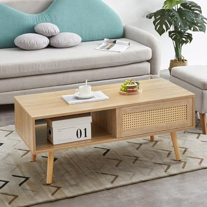 Brafab Rattan Coffee Storage Rectangle Accent Center Sofa Table with Sliding Door Panel Solid Wood Legsfor Living Room, 41.34" L x 21.65" W x 16.34" H, Natural