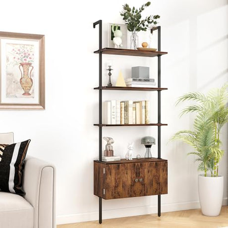 CAMOAT 70" Tall Bookshelf with Cabinet,Wall Mounted Bookcase with Shelves & Storage,Blanket Ladder&Bathroom Wall Shelf,Open Industrial Shelf,4-Tier Display Rack for Living Room,Bedroom,Home Office CAMOAT