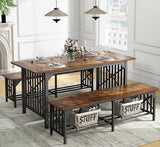 DWVO 3-Piece Dining Table Set for 4-6 People, 63" Dining Room Table with 2 Benches, Industrial Rectangular Dining Room Table Set with Storage for Kitchen, Dining Room, Rustic Brown DWVO