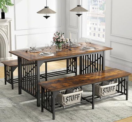 DWVO 3-Piece Dining Table Set for 4-6 People, 63" Dining Room Table with 2 Benches, Industrial Rectangular Dining Room Table Set with Storage for Kitchen, Dining Room, Rustic Brown DWVO