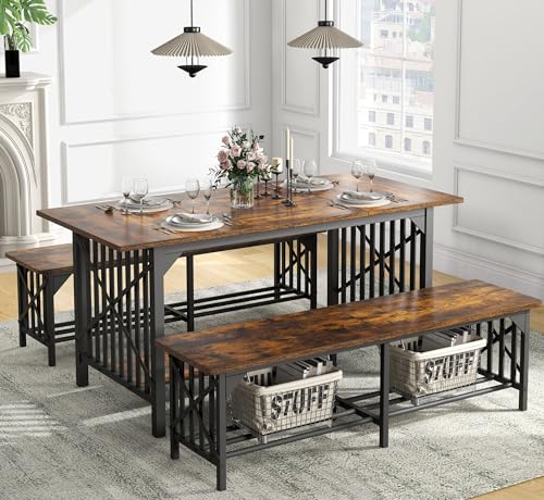 DWVO 3-Piece Dining Table Set for 4-6 People, 63" Dining Room Table with 2 Benches, Industrial Rectangular Dining Room Table Set with Storage for Kitchen, Dining Room, Rustic Brown - WoodArtSupply