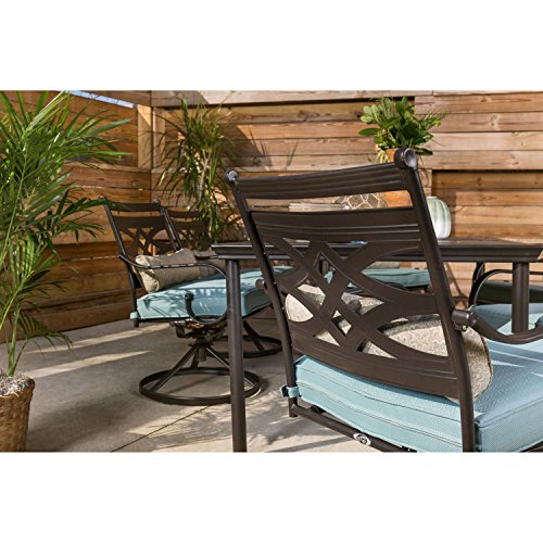 Hanover Montclair 7-Piece Outdoor Dining Set with 6 Swivel Rockers, Ocean Blue Cushions and Stamped Steel Rectangular Dining Table, Patio Dining Set for 6, Premium All-Weather Patio Furniture for Deck Hanover