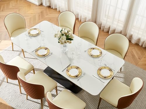 VYNARI 79 Inch Dining Table Set for 8 People, 7 Piece Rectangular Dining Table with Sintered Stone Tabletop and Leather Dining Chairs, Modern Kitchen Table for Living Room Home VYNARI