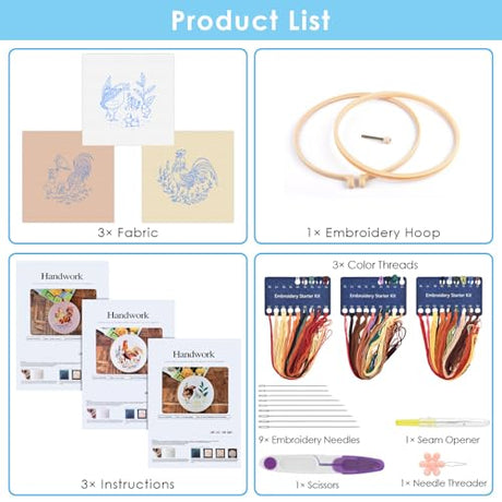 ERKOON 3 Sets Embroidery Kit, Floral Cross Stitch Set for Include Embroidery Cloth Hoops Threads for Craft Lover Hand Stitch (Rooster) ERKOON