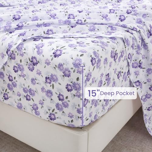 Softan Puple Floral Queen Sheet Set, 4-Piece Microfiber Printed Fitted Sheet with 15" Deep Pockets & Non-Slip Straps, White Flower Patterned Bedding Sheets & Pillowcase Set Softan
