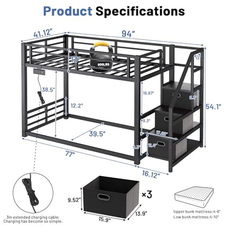 Twin Over Twin Metal Bunk Bed with Storage Stairs, Drawers & Shelves, Power Outlet and RGB LED Lights,Low Profile Kids Bunk Bed Frame with Safety Guardrails & Metal Slats,No Box Spring Needed (Black) HKOLIE