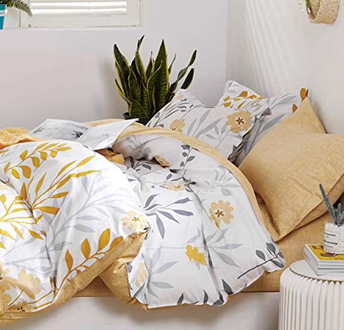 SLEEPBELLA Duvet Cover Queen Size, 600 Thread Count Cotton Grey Branches and Yellow Flower Reversible Comforter Cover(Queen, White Leaf) SLEEPBELLA