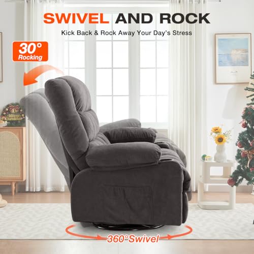 Swivel Recliner Chair for Adults,Oversized Rocker Recliner with Vibration Massage and Lumbar Heat,Ergonomic Rocking Chair with Side Pocket,2 Cup Holders,USB Charge Port for Living Room