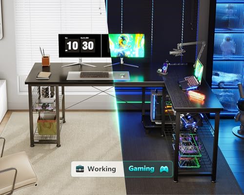 Casaottima 51 Inch L Shaped Gaming Desk with Shelves & Power Outlets, Reversible Computer Desk with Storage Shelves for Home Office, Black Casaottima