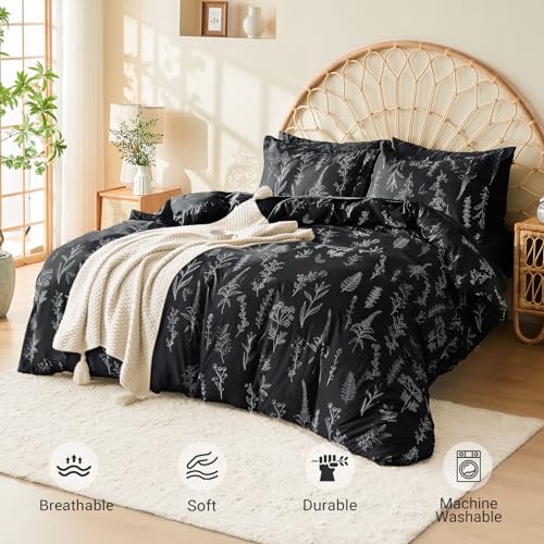 MUXHOMO Black King Comforter Set, Elegant Floral Print Bed in a Bag 7 Pieces, Ultra Soft & Breathable Reversible Botanical Pattern Bedding Set with Comforter, Sheets, Pillowcases, and Shams MUXHOMO