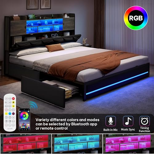 DWVO Queen Size Bed Frame with RGB LED Lights & Storage Bookcase Headboard, Upholstered Bed with Charging Station and 4 Drawers, No Box Spring Needed, Easy Assembly, Noise-Free, PU Leather Black DWVO