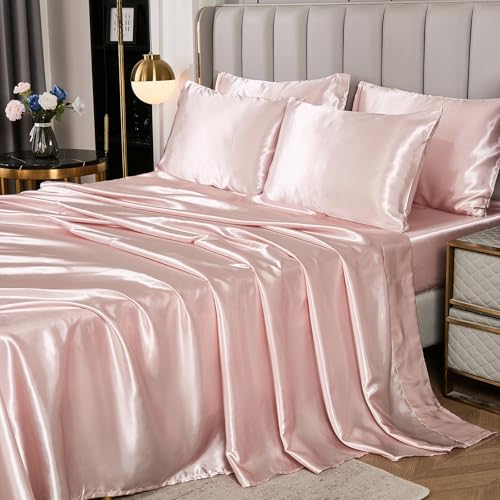 Herside Pink Mocha Satin Comforter Set 7 Pcs Full Size Bed in a Bag Luxury Satin Bedding Set with Comforter Pillowcases and Sheets Sets Mini Pompoms Design Super Soft Silky Bed Set for All Seasons Herside