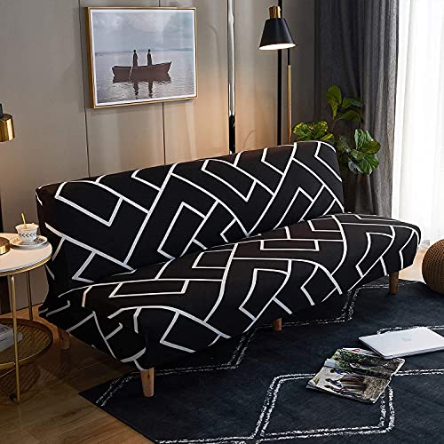 LiveGo Armless Futon Slipcovers Stretch Folding Sofa Bed Cover with Elastic Bottom, Printed Fitted Couch Cover Furniture Protector for Pets, Kids (Black & White) LiveGo