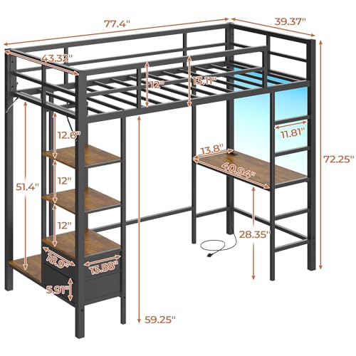 DICTAC Twin Loft Bed with Desk, Storage, and LED Lights - Black Metal Frame - WoodArtSupply