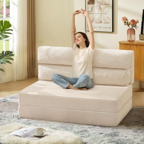 JUIKURY Folding Sofa Bed, Convertible Sleeper Chair with Pilow Foldable Matress, 2 in 1 Pull Out Loveseat Sofa Portable Fold Out Chair Bed Comfy Floor Couch Lounge for Living Room Bedroom,Beige,Twin JUIKURY
