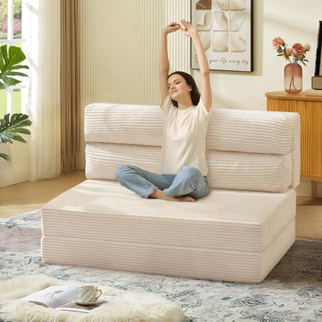 JUIKURY Folding Sofa Bed, Convertible Sleeper Chair with Pilow Foldable Matress, 2 in 1 Pull Out Loveseat Sofa Portable Fold Out Chair Bed Comfy Floor Couch Lounge for Living Room Bedroom,Beige,Twin JUIKURY