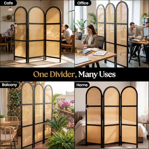 ELK & ELDER 3-Panel Room Divider | Folding Privacy Screen with Arched Dark Wood Frames and Light Woven Panels | Portable Divider for Home,Office, Living Room, Bedroom | 66" H x 56" W |Dark Wood/Beige ELK & ELDER