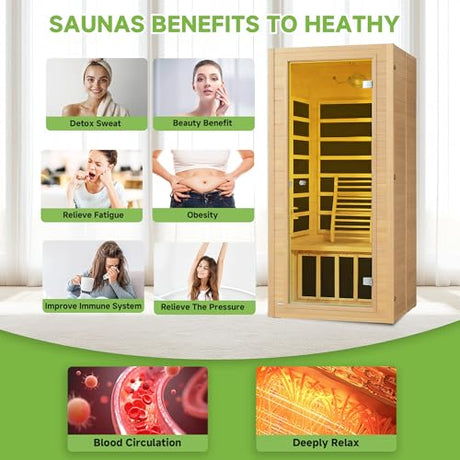 Real Relax Far Infrared Sauna for Home, 1 Person Indoor Home Sauna Low Emf, Canadian Hemlock Wooden Dry Saunas Room with Bluetooth Speakers, 9-Color Light Therapy, 1574w/110v for Personal Spa Real Relax