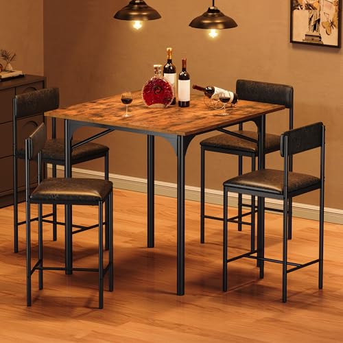 DWVO 5-Piece Dining Room Table Set Bar Table and Chairs Set Counter Height Dining Table Set Industrial High Top Kitchen Table with 4 Barstools for Kitchen Living Room Restaurant Bar Small Spaces Brown DWVO