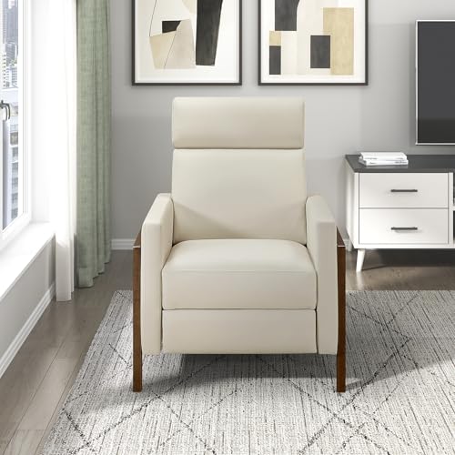 Lexicon Push Back Recliner Chair, Faux Leather Upholstered Reclining Chair with Footrest, Exposed Dark Brown Finish Wood Frame, Small Recliner for Small Space, Living Room, Bedroom, Light Beige