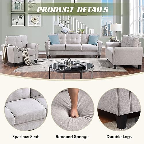 Harper & Bright Designs 3-Piece Living Room Sectional Sofa Set, Modern Style Button Tufted Linen Upholstered Armchair Loveseat Sofa and Three Seat Sofa Set Sectional Couch, Light Gray - WoodArtSupply