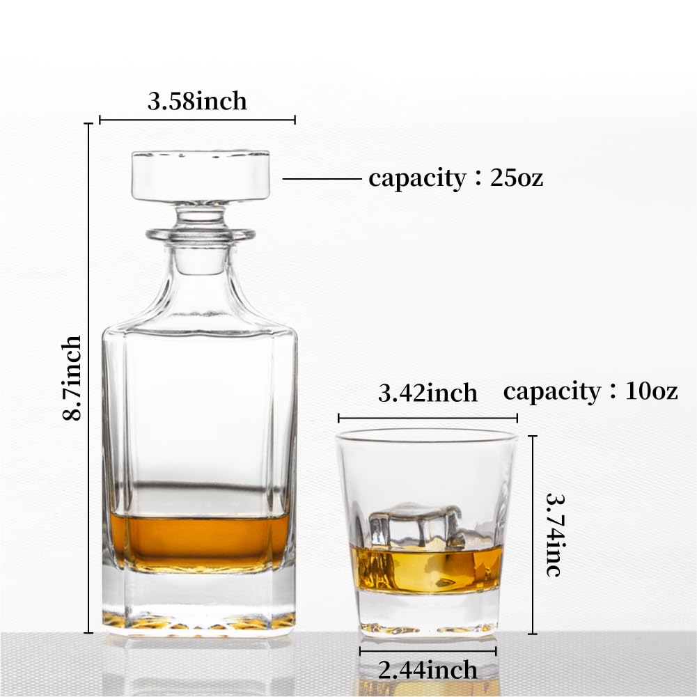Square 25Oz Whiskey Liquor Decanter Set With 2 Glasses in Box,Decanter Set for Scotch Liquor,Whiskey Wine Decanter Suit for Men and Women Father Coworkers Lovers QUEEN&STONE LEAD FREE