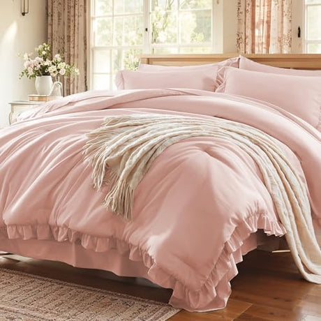 Anluoer Full Comforter Set 7 Piece, Pink Bed in a Bag with Shams, All Season Ruffle Shabby Chic Bedding Sets with 1 Comforter, 2 Pillow Shams, 2 Pillowcases, 1 Flat Sheet Anluoer