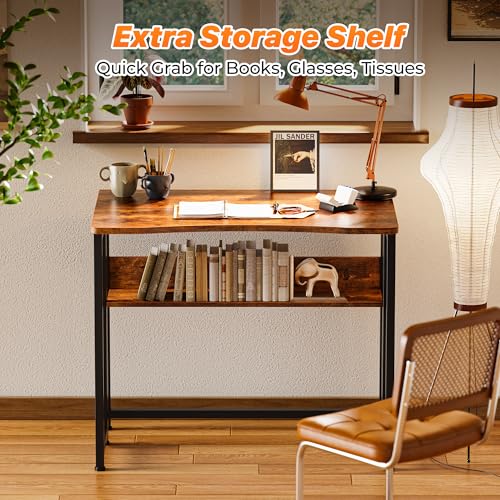 Huuger Folding Desk with Storage Shelf, 31.5 Inch Foldable Computer Table for Small Spaces, Space Saving Sofa Table for Couch, Writing Work Office Computer Desk, Easy to Fold, Rustic Brown Huuger