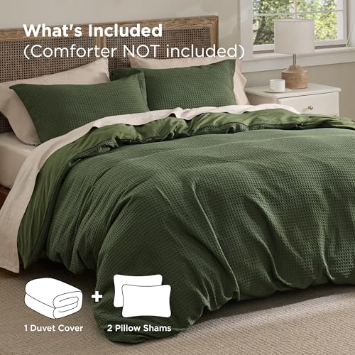 Bedsure Luxury Waffle Duvet Cover King Size - Textured Duvet Cover Set, Soft, Breathable Bedding Set (104"x90") with 2 Pillow Shams for All Season, Olive Green, Comforter Not Included Bedsure