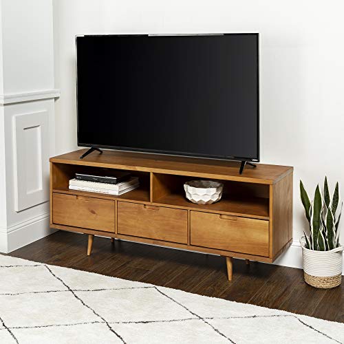 Walker Edison 3-Drawer Mid Century Modern Wood TV Stand for TV's up to 65" Flat Screen Cabinet Door Living Room Storage Entertainment Center, 58 Inch, Caramel - WoodArtSupply