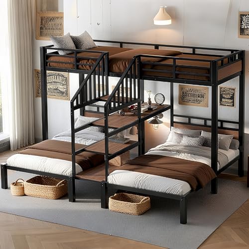 Bellemave Triple Bunk Bed for Kids Twin Over Twin & Twin with Storage Shelf & Stairs, Heavy Duty Metal Bunkbed Frame for Kids & Adults, Space Saving Triple Bunk Beds with Guardrails, Black Bellemave