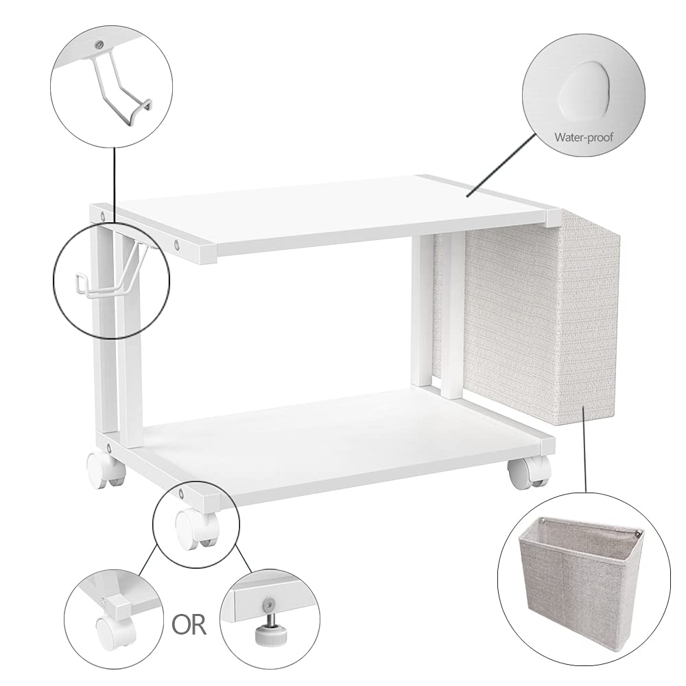 VEDECASA 2 Tier Modern White Wooden Under Desk Printer Stand with Storage Bag for Home Office Desktop Printer Table Organizer Mobile Printer Shelf Cart with Caster Wheel (White) - WoodArtSupply