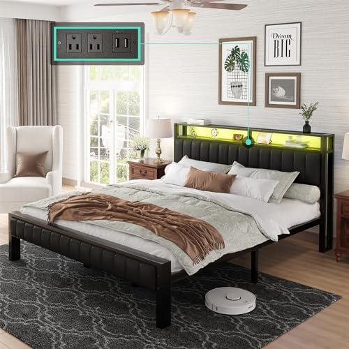LUXOAK King Size LED Platform Bed Frame with Faux Leather Headboard and Built-in Charging Station LUXOAK