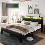 LUXOAK King Size LED Platform Bed Frame with Faux Leather Headboard and Built-in Charging Station LUXOAK