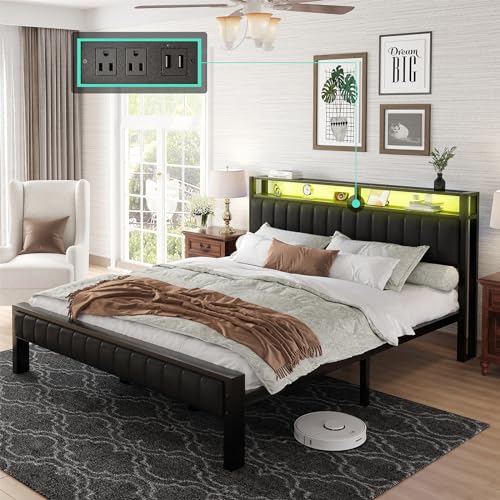 LUXOAK King Size LED Platform Bed Frame with Faux Leather Headboard and Built-in Charging Station - WoodArtSupply