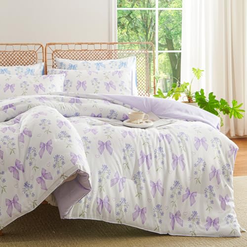 CCoutueChen Purple Bow Comforter Set Full 3 Pieces Floral Bedding Set for Girls Kids, Romantic Princess Style Bowknot Bedding, Ultra Soft Microfiber Garden Flower Comforter Sets with 2 Pillowcases CCoutueChen