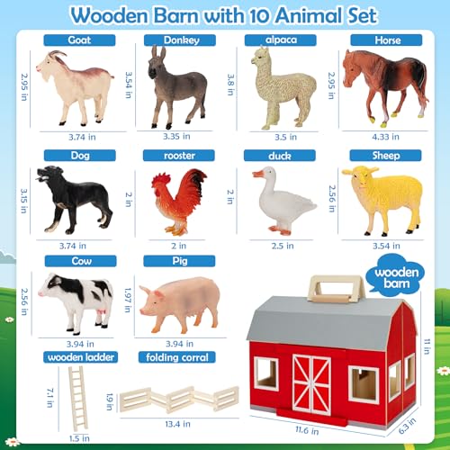 YEEBAY Farm Animals Toys for 3+ Year Old Kids Toddlers Girls Boys, Large Wooden Barn with Animal Play Figures, Farm Playset Educational Learning Toys, Ideal Christmas Birthday Gifts YEEBAY