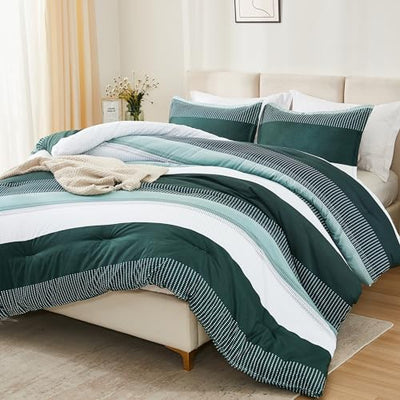 Litanika Dark Emerald Green Bed Comforter Twin/Twin XL Set, 2 Pieces Twin Extra Long Size Boys Men Forest Bedding Set, Single Colorblock Striped Bed Set
