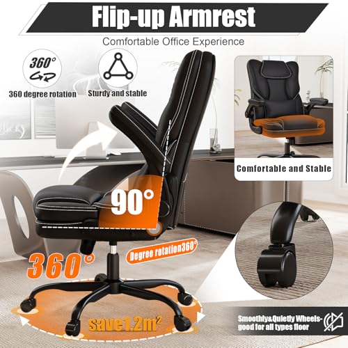 Ergonomic Office Chair with Flip-up Armrests 300lbs,Middle-Tall Computer Office Desk Chair with Lumbar Support,Executive Leather Chair with Rocking Function Adjustable Height for Home Office Box DesignLab