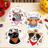 BEUNITONE 4 Set Embroidery Kit for Beginners, Animal Cowboy Patterns Cross Stitch Kits, Needlepoint Kits for Adults with Hoop, Cute Hand Embroidery Patterns for Cloth and Home Decor