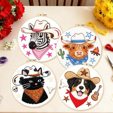 BEUNITONE 4 Set Embroidery Kit for Beginners, Animal Cowboy Patterns Cross Stitch Kits, Needlepoint Kits for Adults with Hoop, Cute Hand Embroidery Patterns for Cloth and Home Decor BEUNITONE