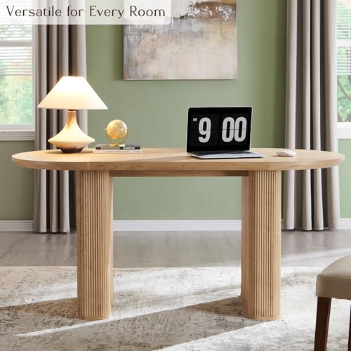 T4TREAM 63" Fluted Oval Dining Table for 4-6, Mid-Century Modern Kitchen Table with Thickened Edge & Strip Pedestal Base, Wood Luxury Table for Dining Room/Kitchen/Home Office,Natural Oak(Table Only) T4TREAM